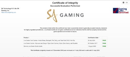 SA Gaming ใบรับรอง